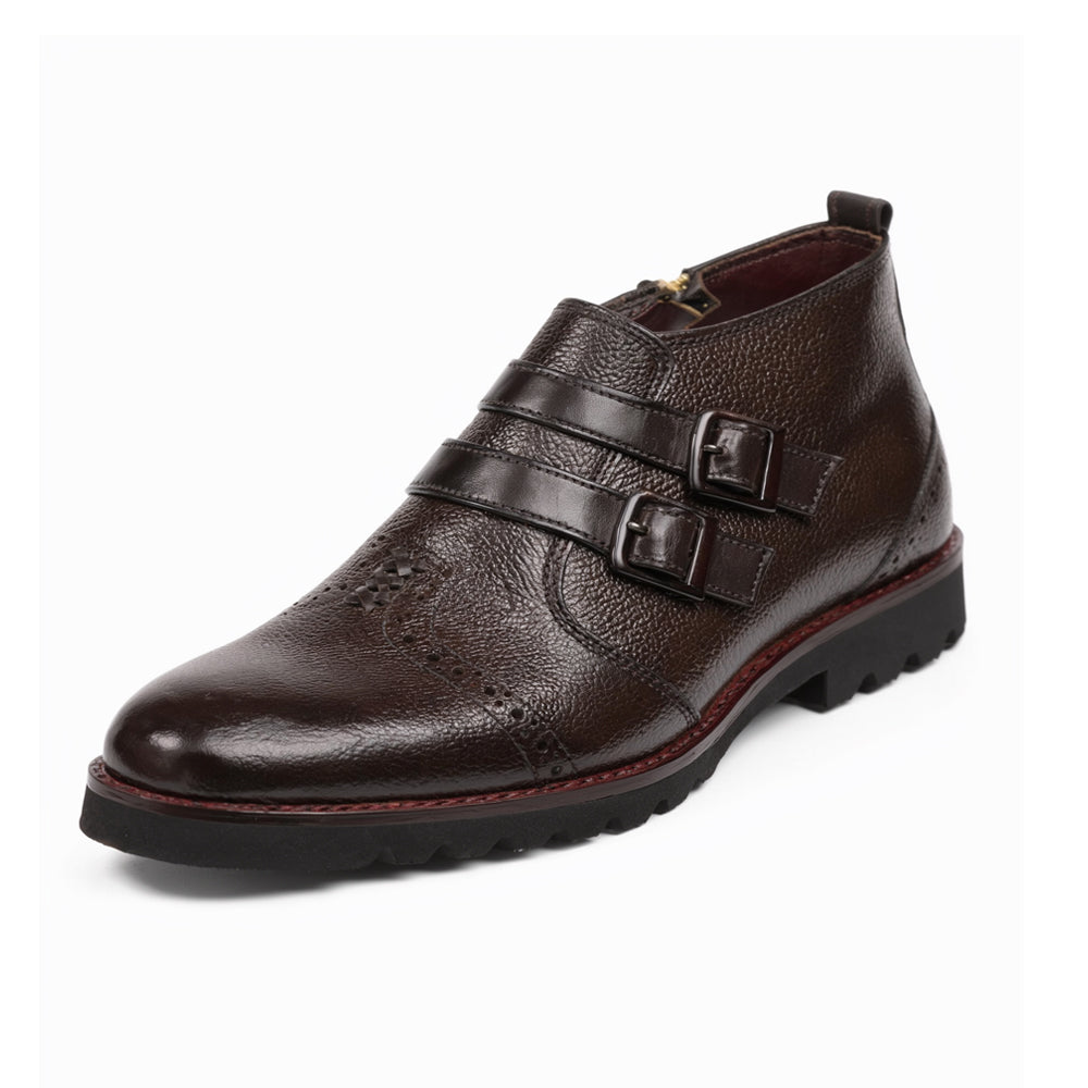 Men’s Zippered Leather Ankle Boots with Brass Stud Detail - Dark Brown