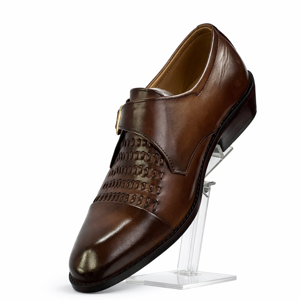 Men’s Handcrafted Woven Leather Monk Strap Shoes - Tan Brown