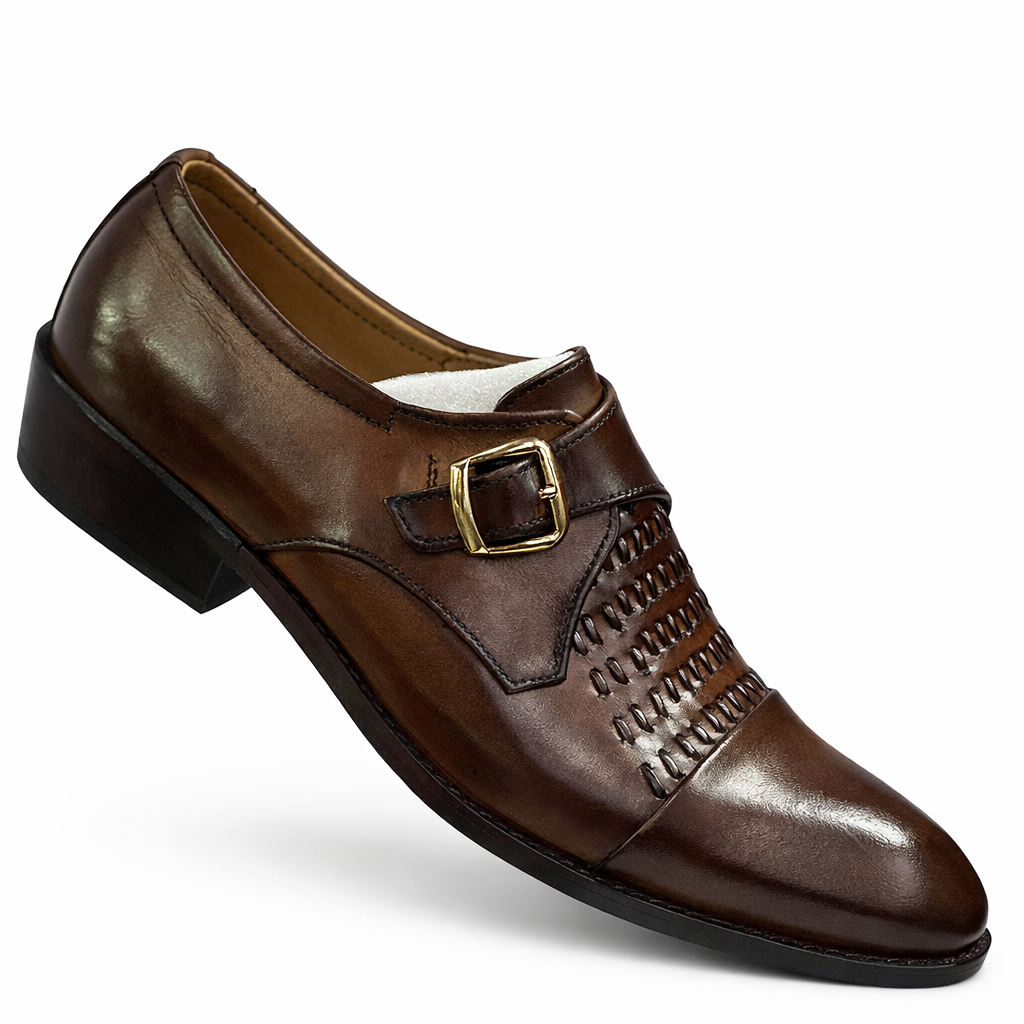 Men’s Handcrafted Woven Leather Monk Strap Shoes - Tan Brown