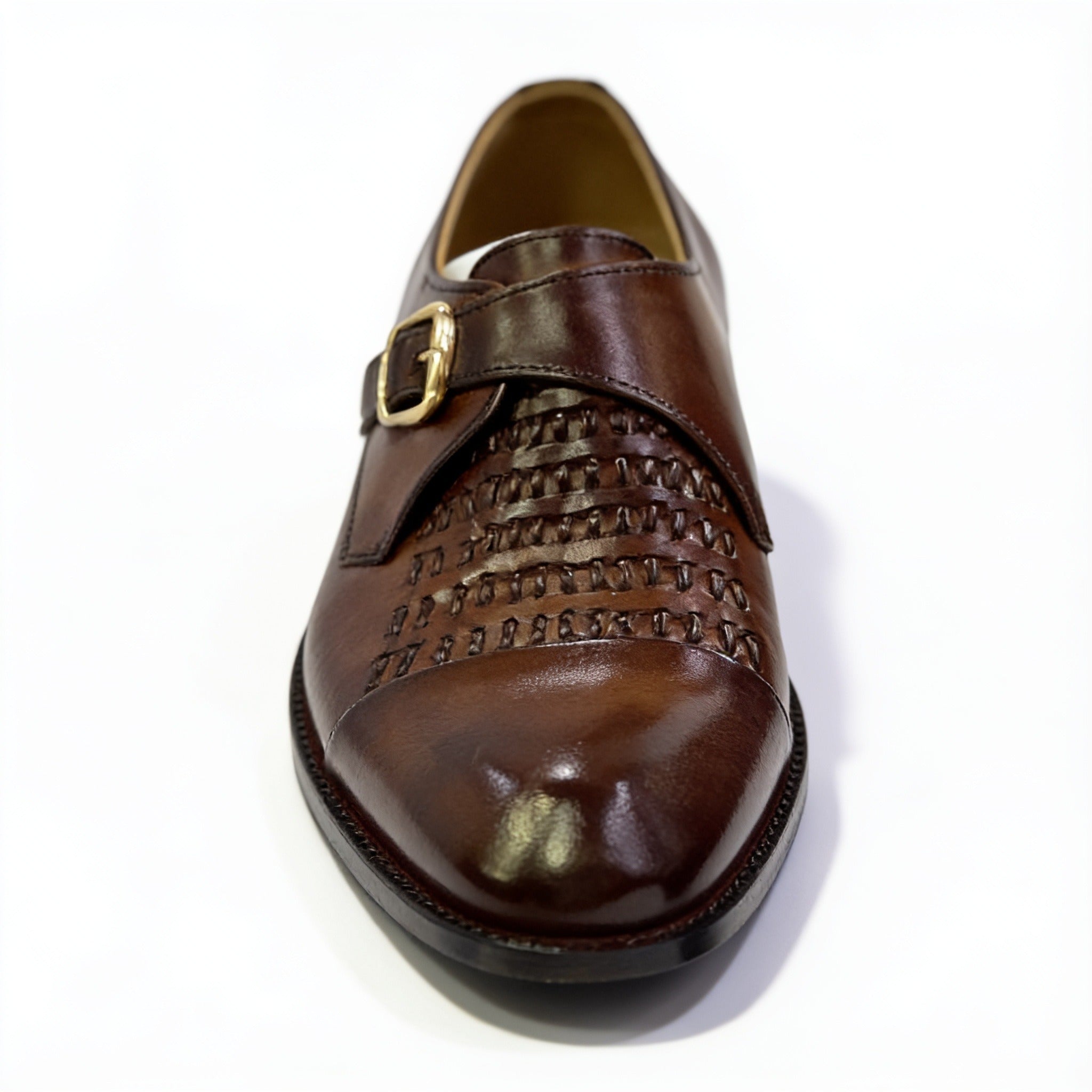 Men’s Handcrafted Woven Leather Monk Strap Shoes - Tan Brown