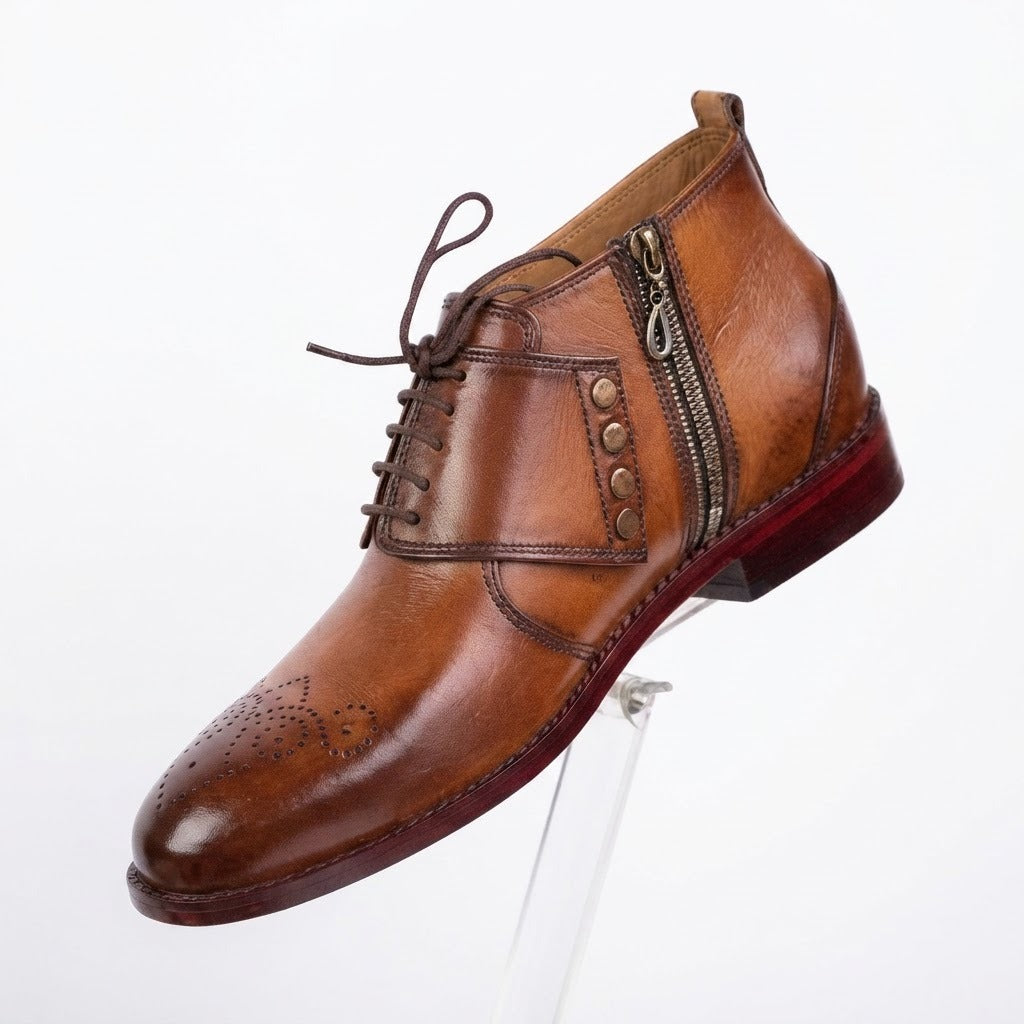 Men’s Handcrafted Burnished Leather Lace-Up Ankle Boots - Tan Brown