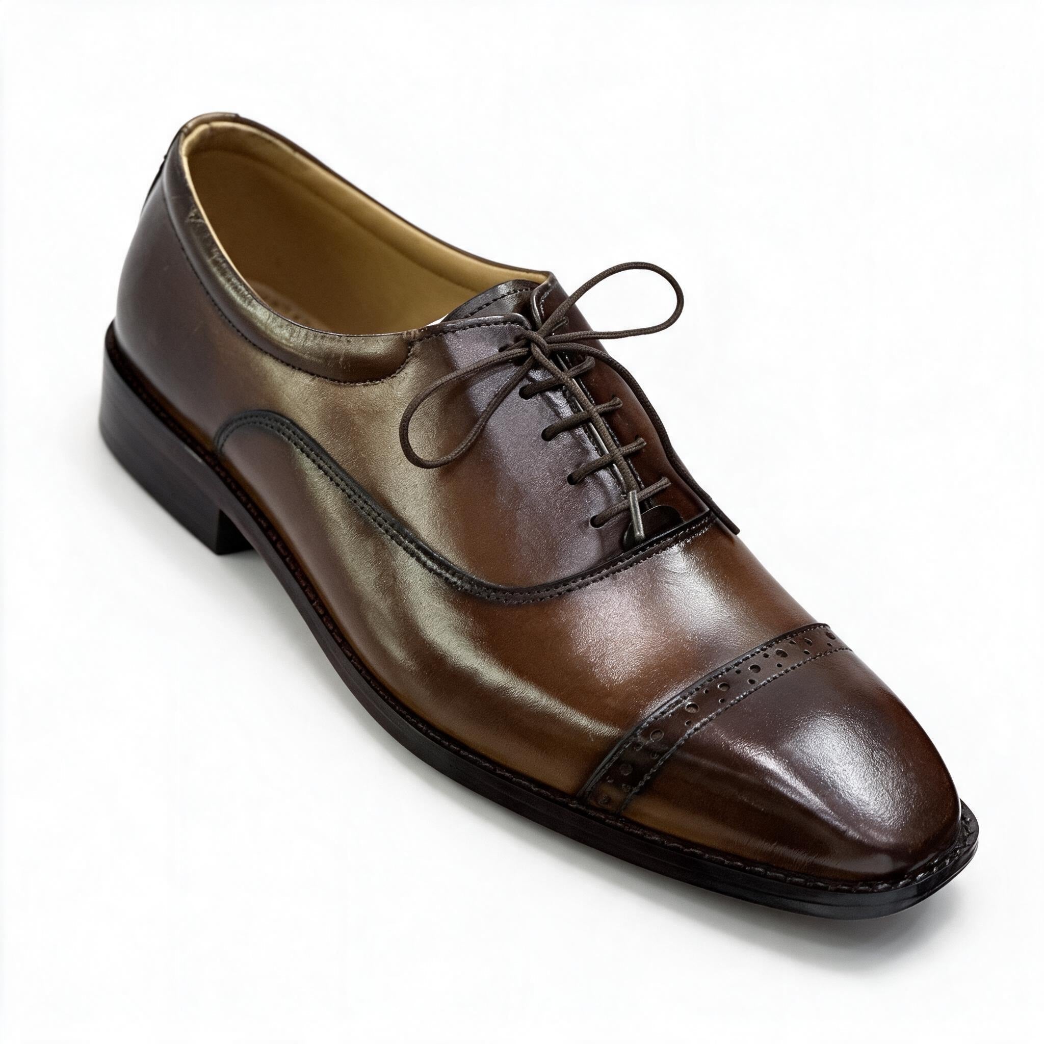 Executive Two-Tone Leather Cap-Toe Formal Oxfords - Espresso Brown
