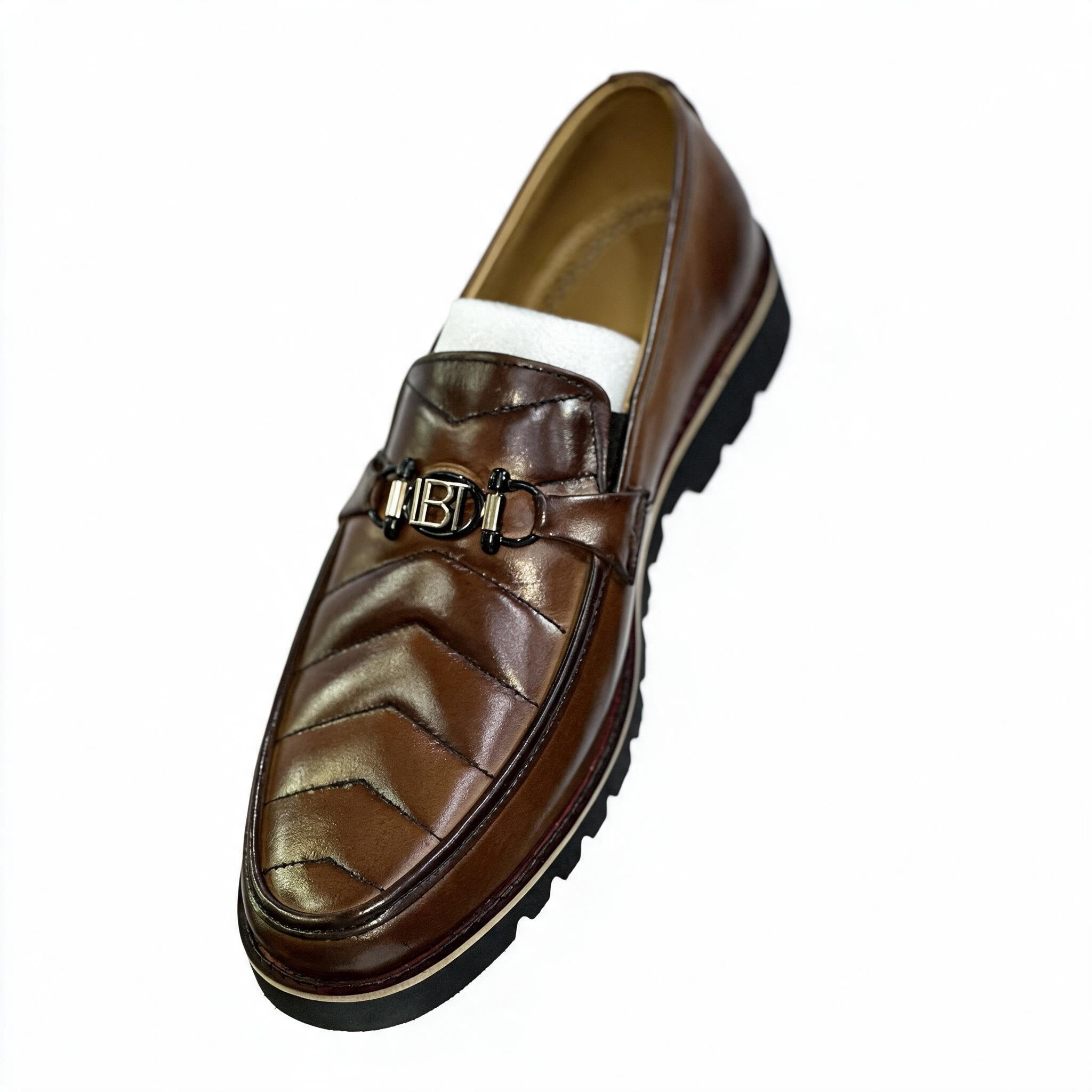 Handcrafted Chevron Stitched Bit Loafers with Lug Sole - Brown