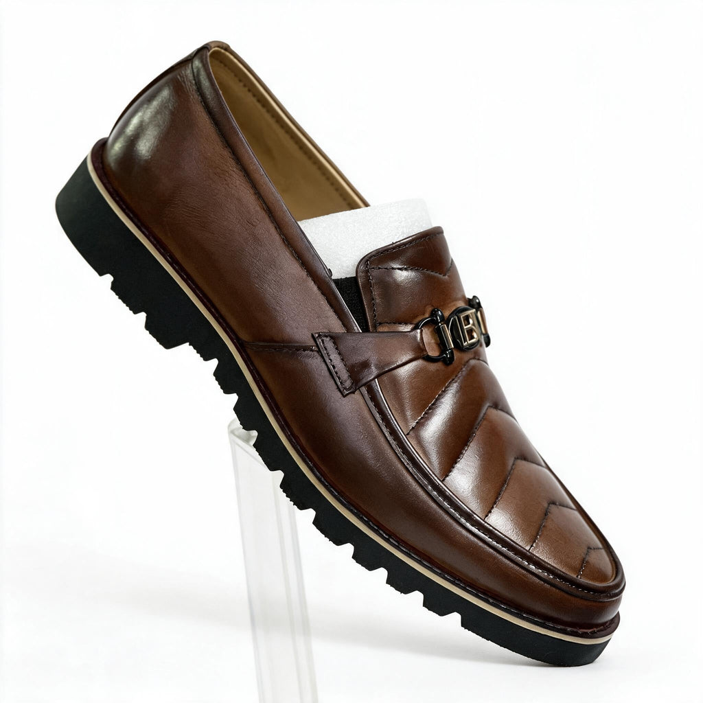 Handcrafted Chevron Stitched Bit Loafers with Lug Sole - Brown