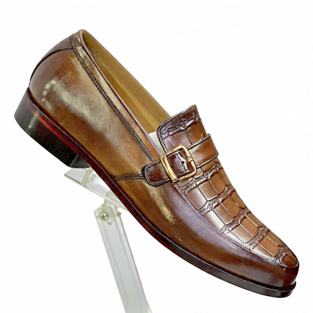 Artisanal Alligator Pattern Gold Buckle Leather Loafers - Cognac