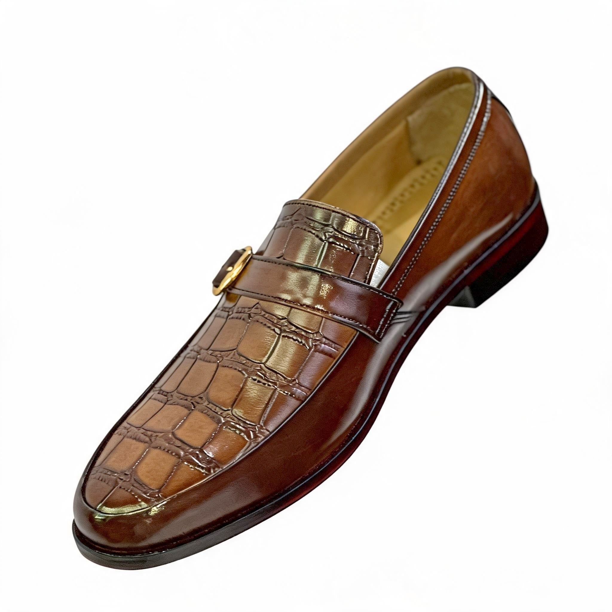 Artisanal Alligator Pattern Gold Buckle Leather Loafers - Cognac