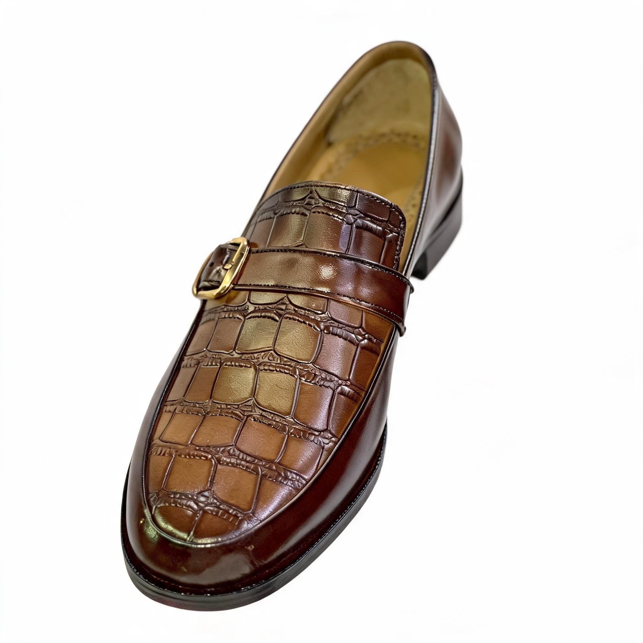 Artisanal Alligator Pattern Gold Buckle Leather Loafers - Cognac