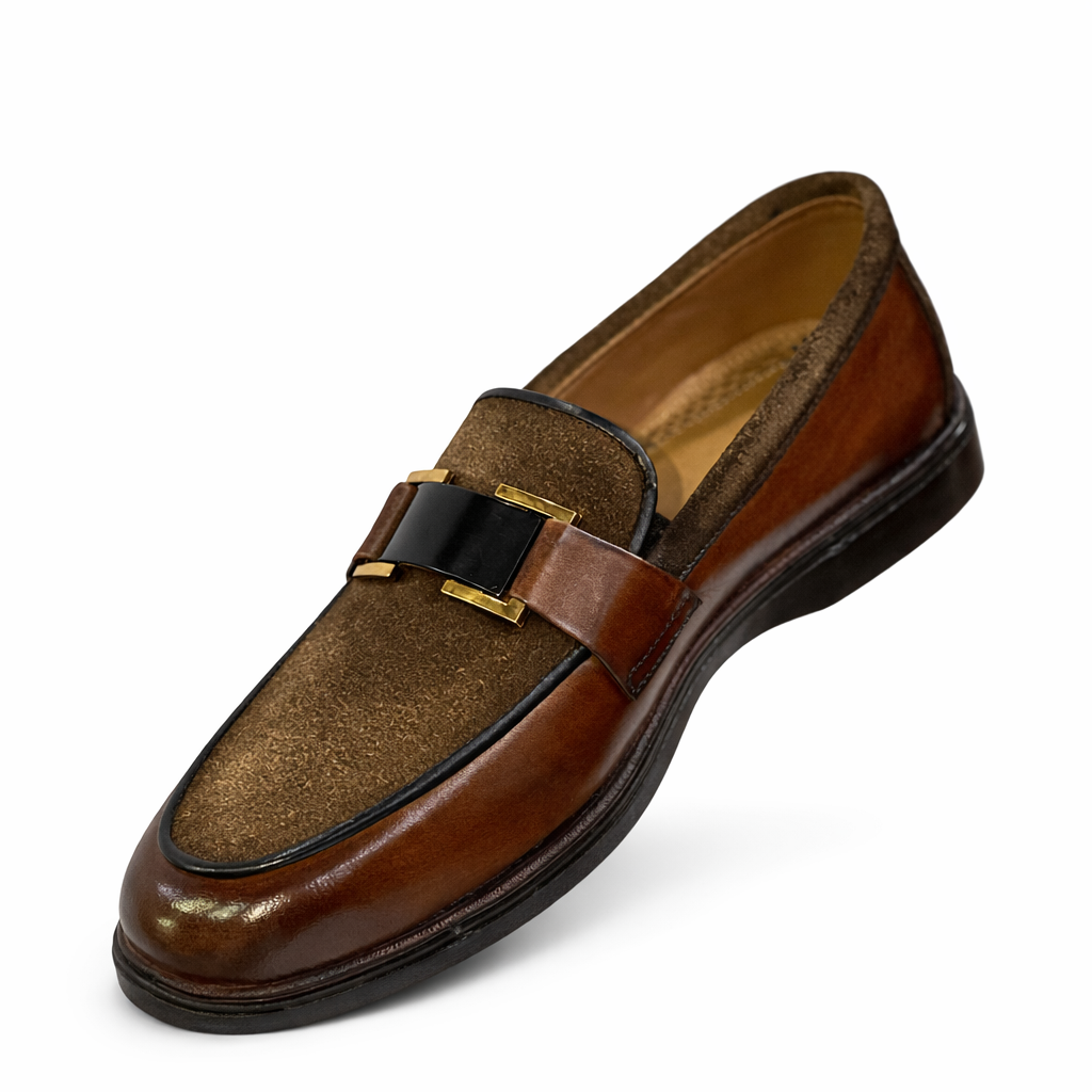 Handcrafted Dual-Texture Leather Suede Bit Loafers - Cognac Brown