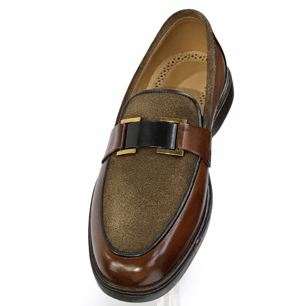 Handcrafted Dual-Texture Leather Suede Bit Loafers - Cognac Brown