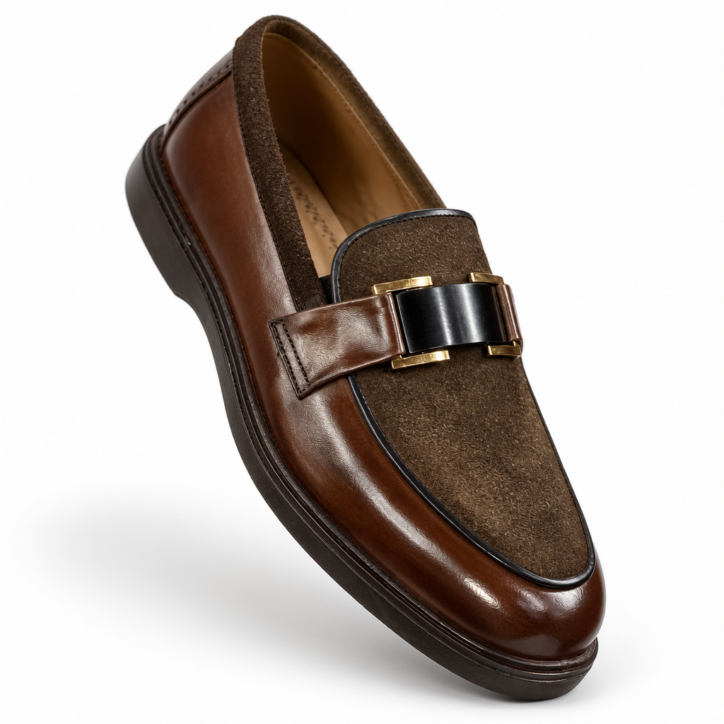 Handcrafted Dual-Texture Leather Suede Bit Loafers - Cognac Brown