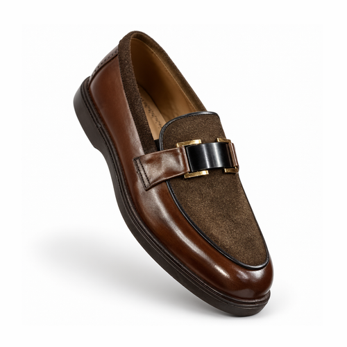 Handcrafted Dual-Texture Leather Suede Bit Loafers - Cognac Brown - Raja Rani Shop