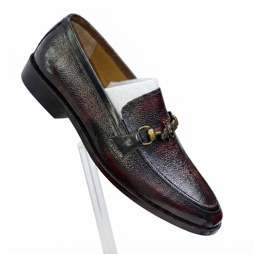 Men's Handcrafted Textured Leather Bee Buckle Loafers - Deep Mahogany Brown