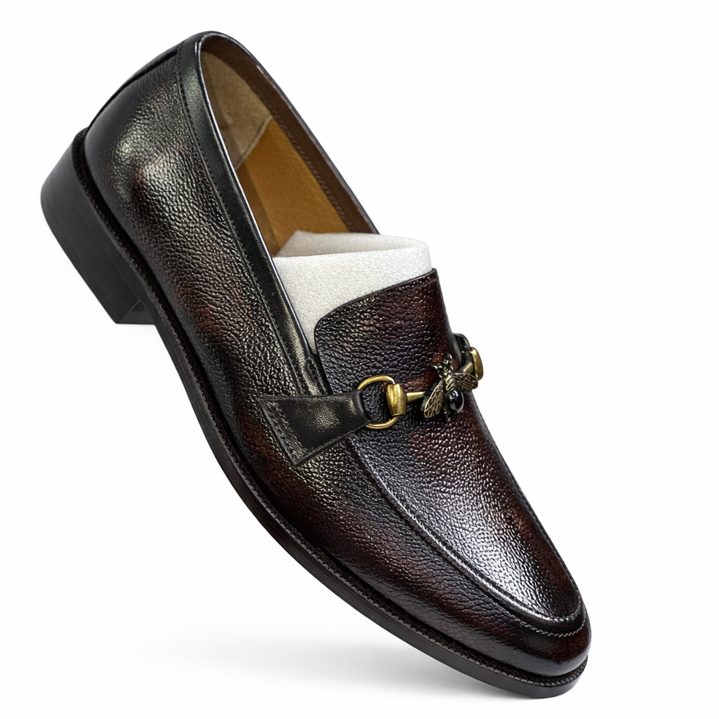 Men's Handcrafted Textured Leather Bee Buckle Loafers - Deep Mahogany Brown