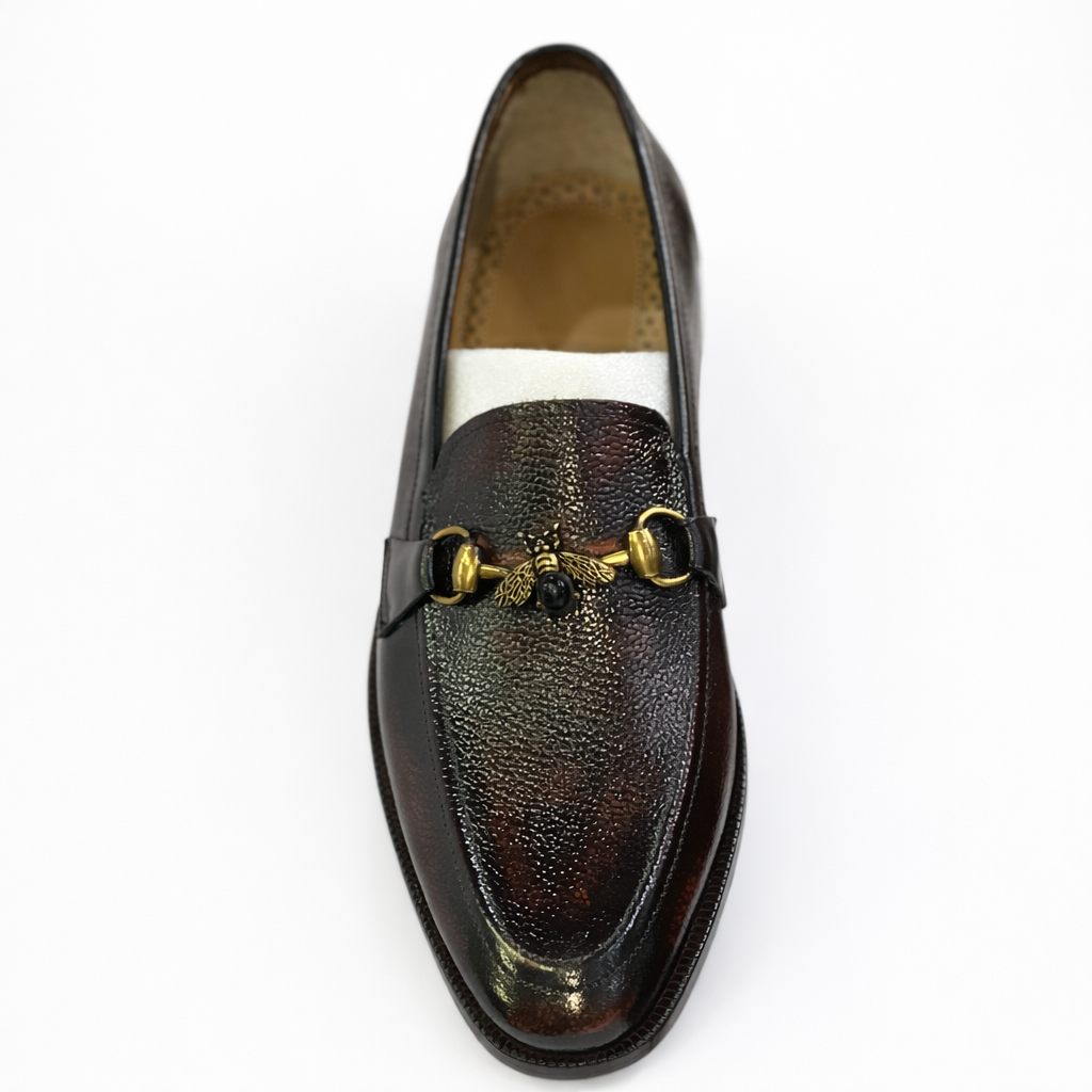 Men's Handcrafted Textured Leather Bee Buckle Loafers - Deep Mahogany Brown