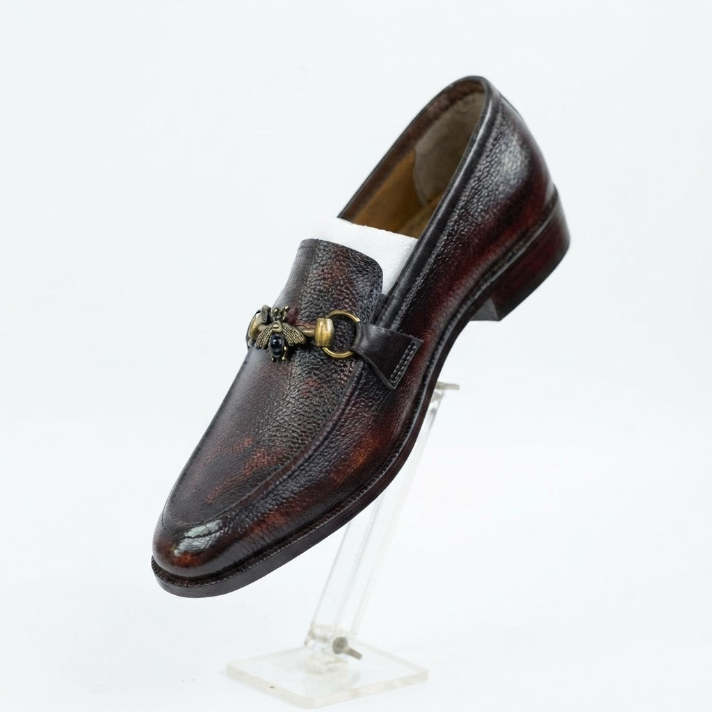 Men's Handcrafted Textured Leather Bee Buckle Loafers - Deep Mahogany Brown
