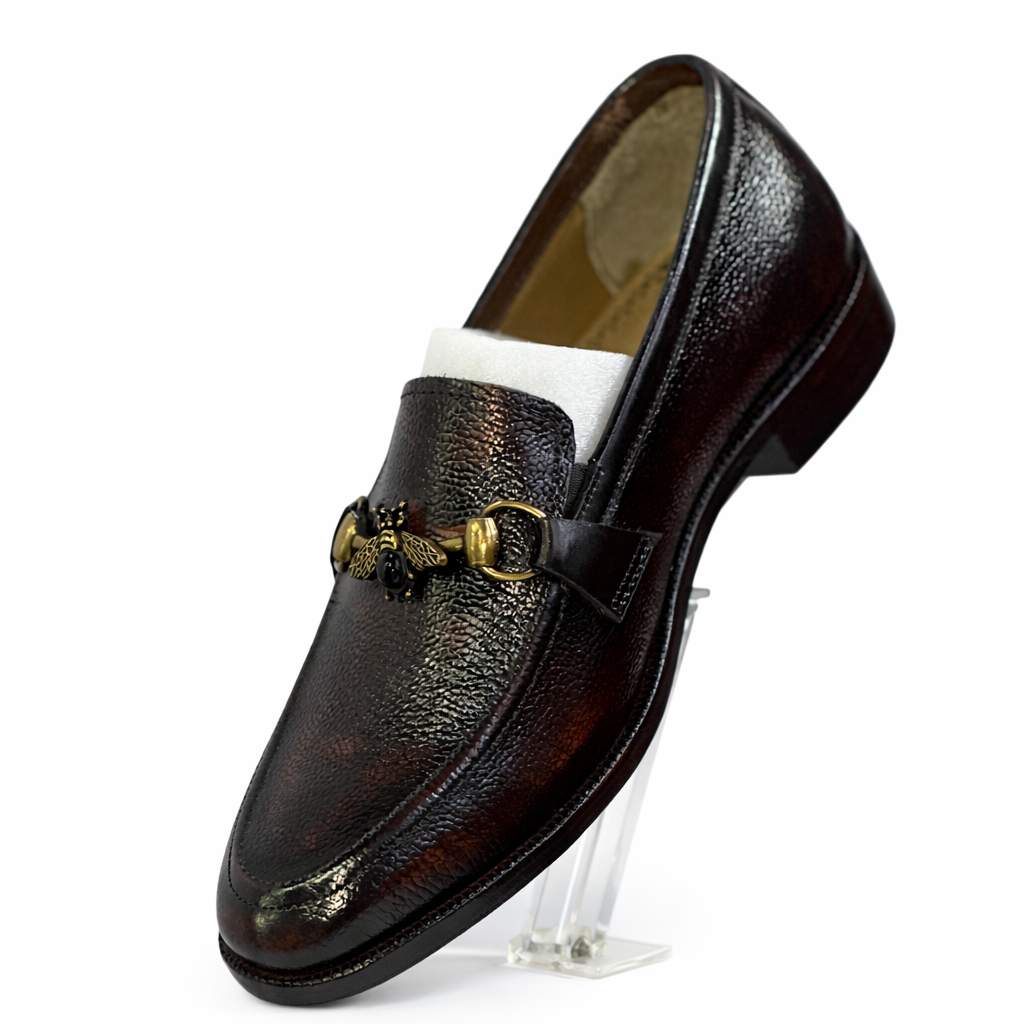 Men's Handcrafted Textured Leather Bee Buckle Loafers - Deep Mahogany Brown