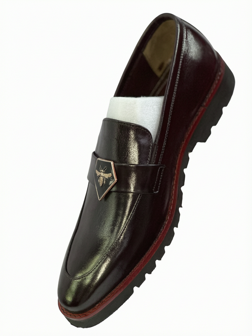 Men's Handcrafted Patent Gloss Bee Crest Lug-Sole Loafers - Deep Burgundy