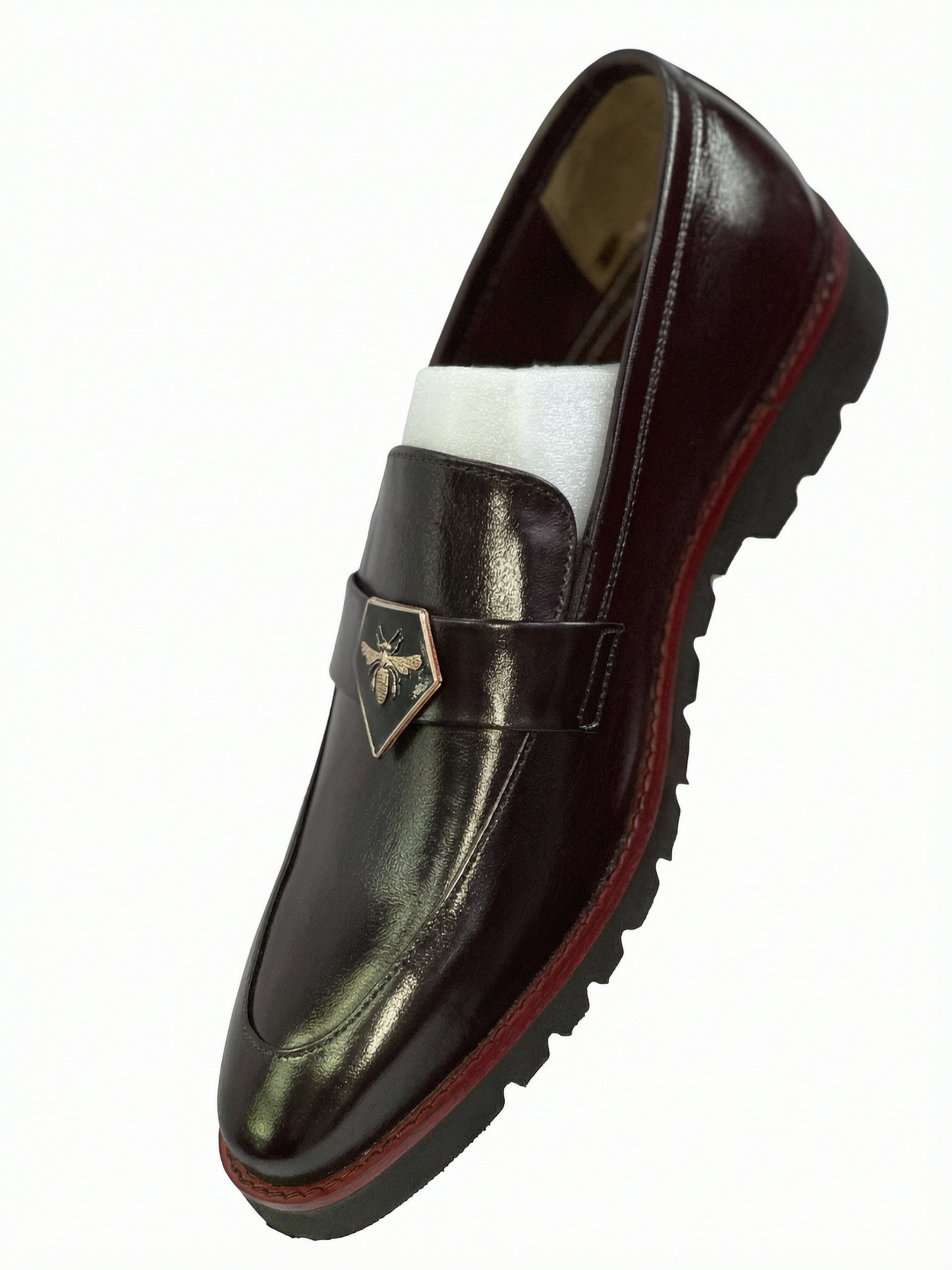 Men's Handcrafted Patent Gloss Bee Crest Lug-Sole Loafers - Deep Burgundy