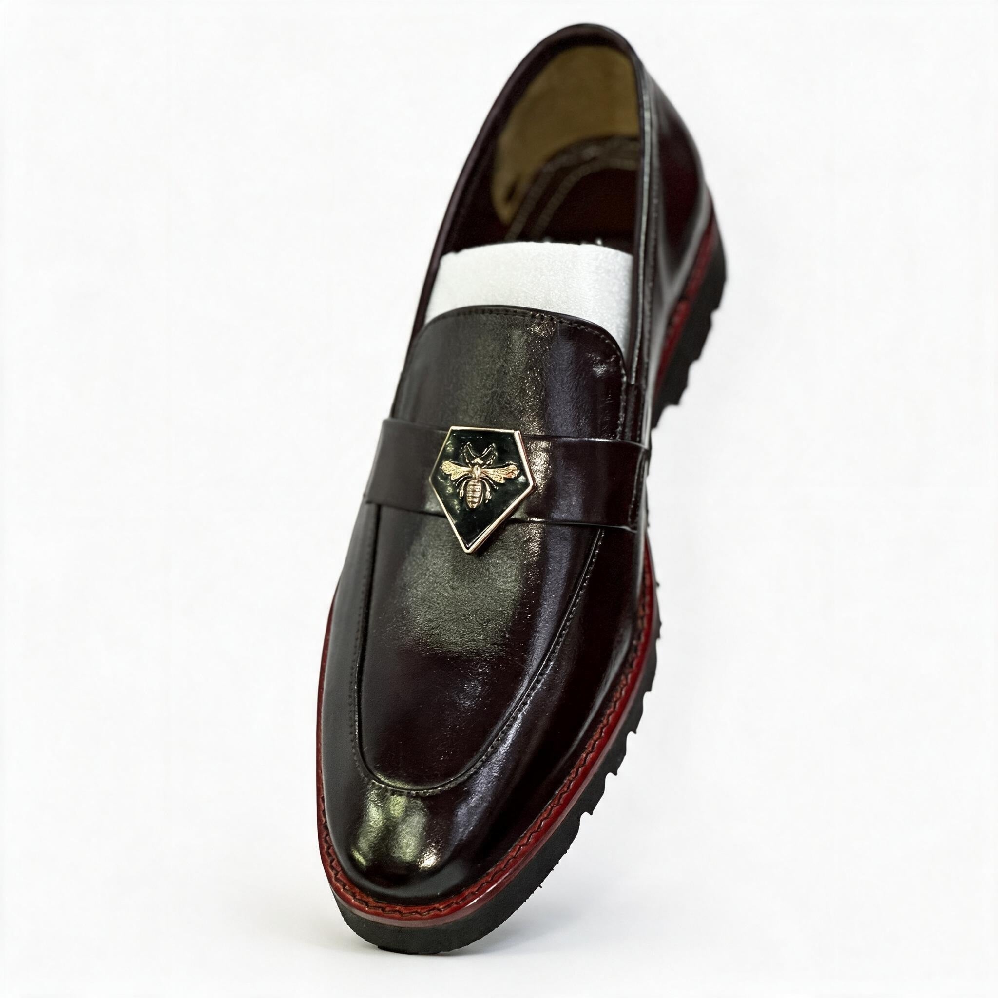 Men's Handcrafted Patent Gloss Bee Crest Lug-Sole Loafers - Deep Burgundy