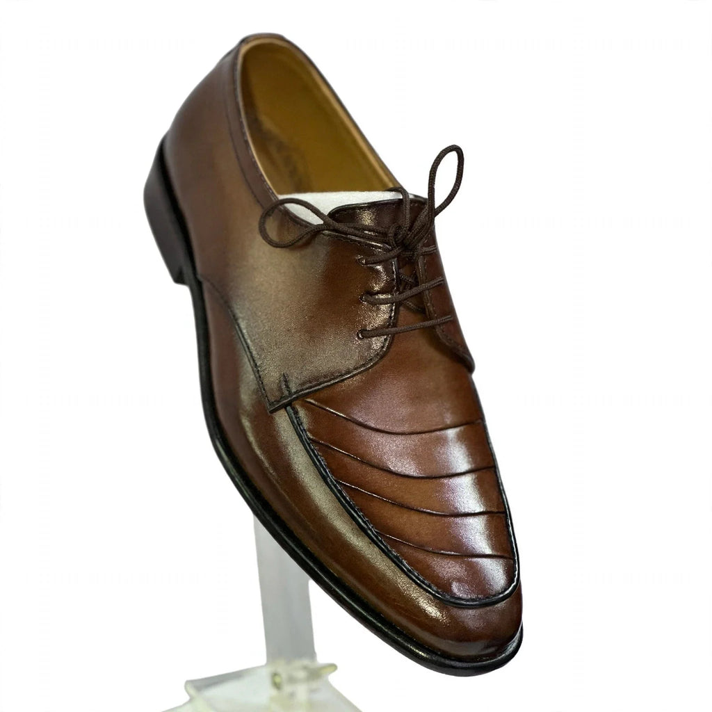 Men's Handcrafted Layered Stitch Leather Derby Shoes - Medium Tan Brown