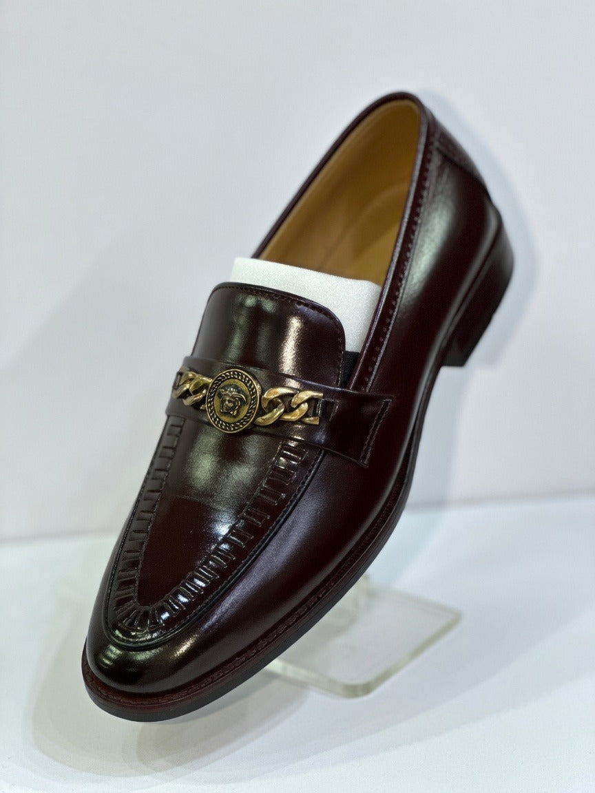 Men's Handcrafted Gold Medallion Chain Leather Loafers - Deep Burgundy / Mahogany