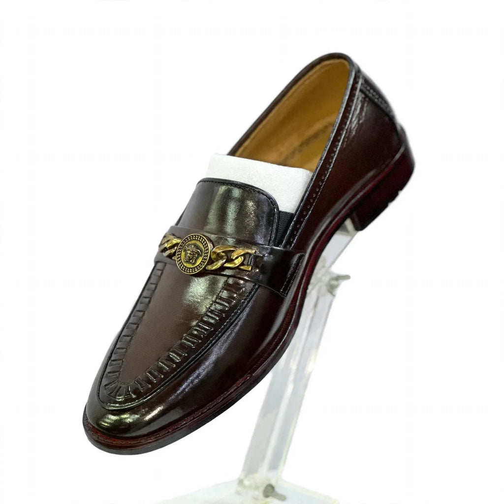 Men's Handcrafted Gold Medallion Chain Leather Loafers - Deep Burgundy / Mahogany