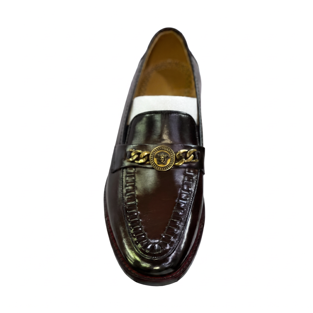 Men's Handcrafted Gold Medallion Chain Leather Loafers - Deep Burgundy / Mahogany