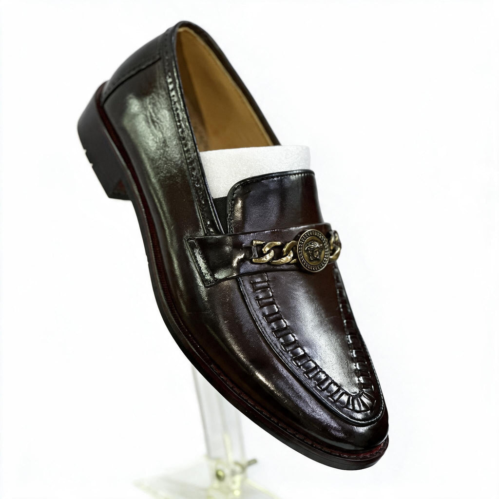 Men's Handcrafted Gold Medallion Chain Leather Loafers - Deep Burgundy / Mahogany