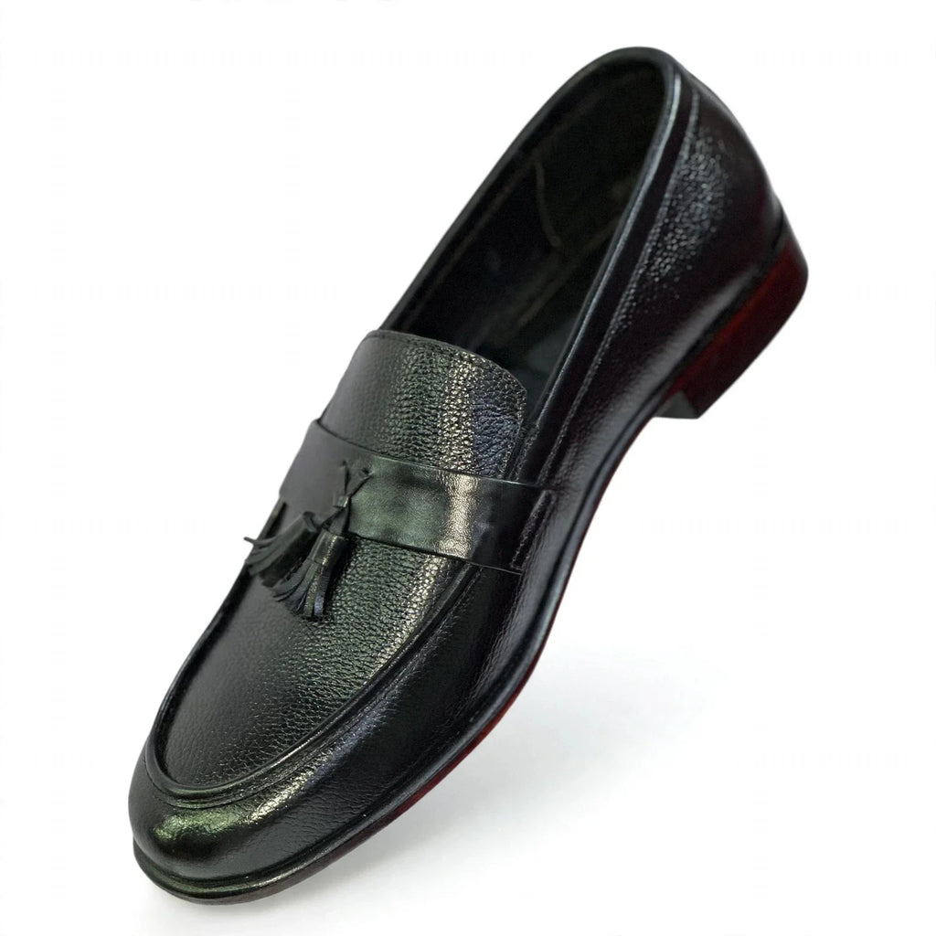 Men's Textured Genuine Leather Tassel Loafers - Classic Black