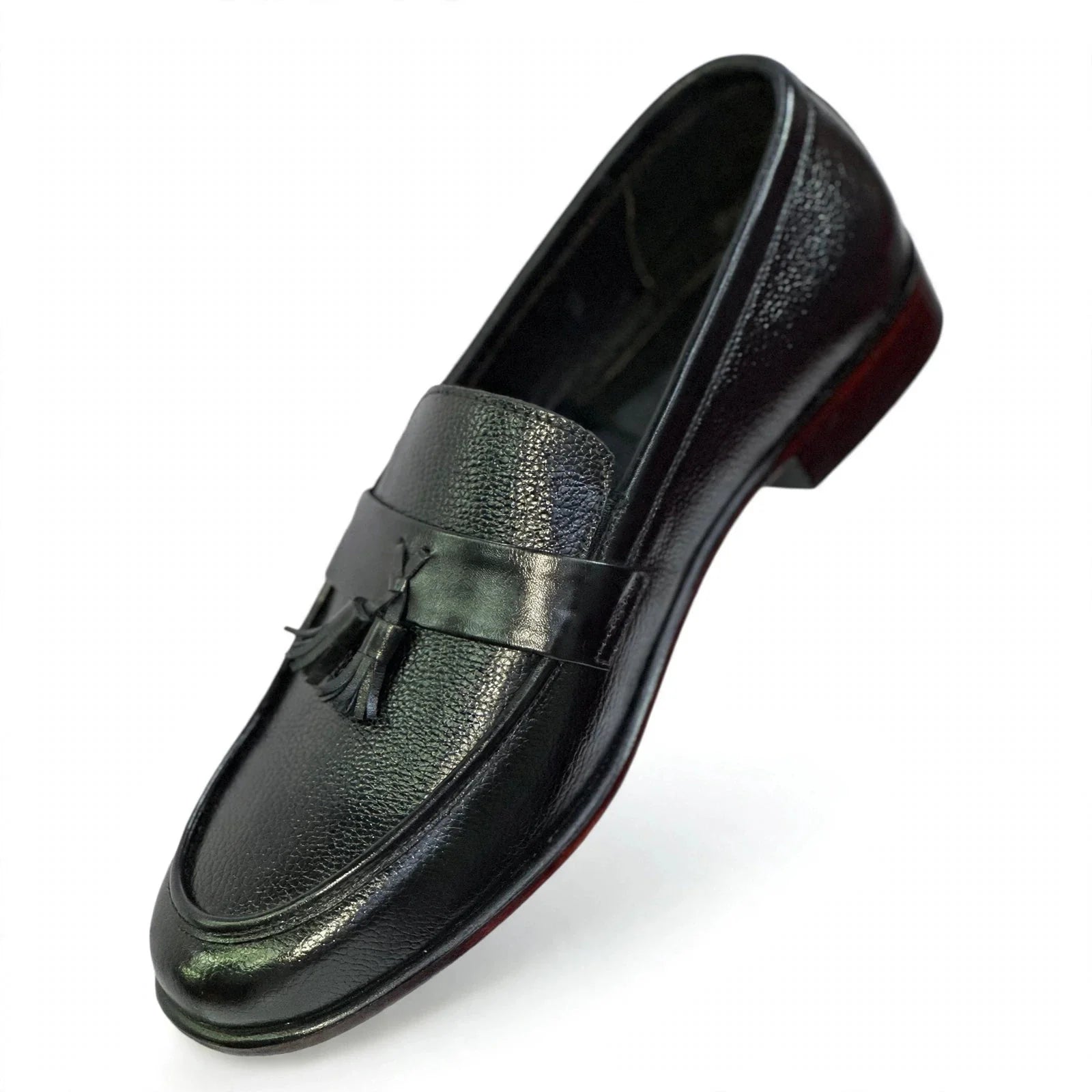 Men's Textured Genuine Leather Tassel Loafers - Classic Black
