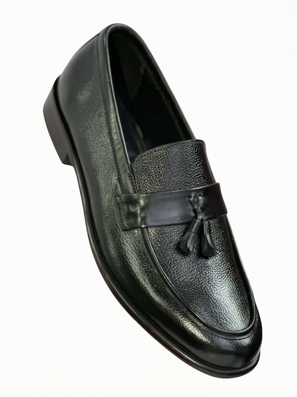 Men's Textured Genuine Leather Tassel Loafers - Classic Black