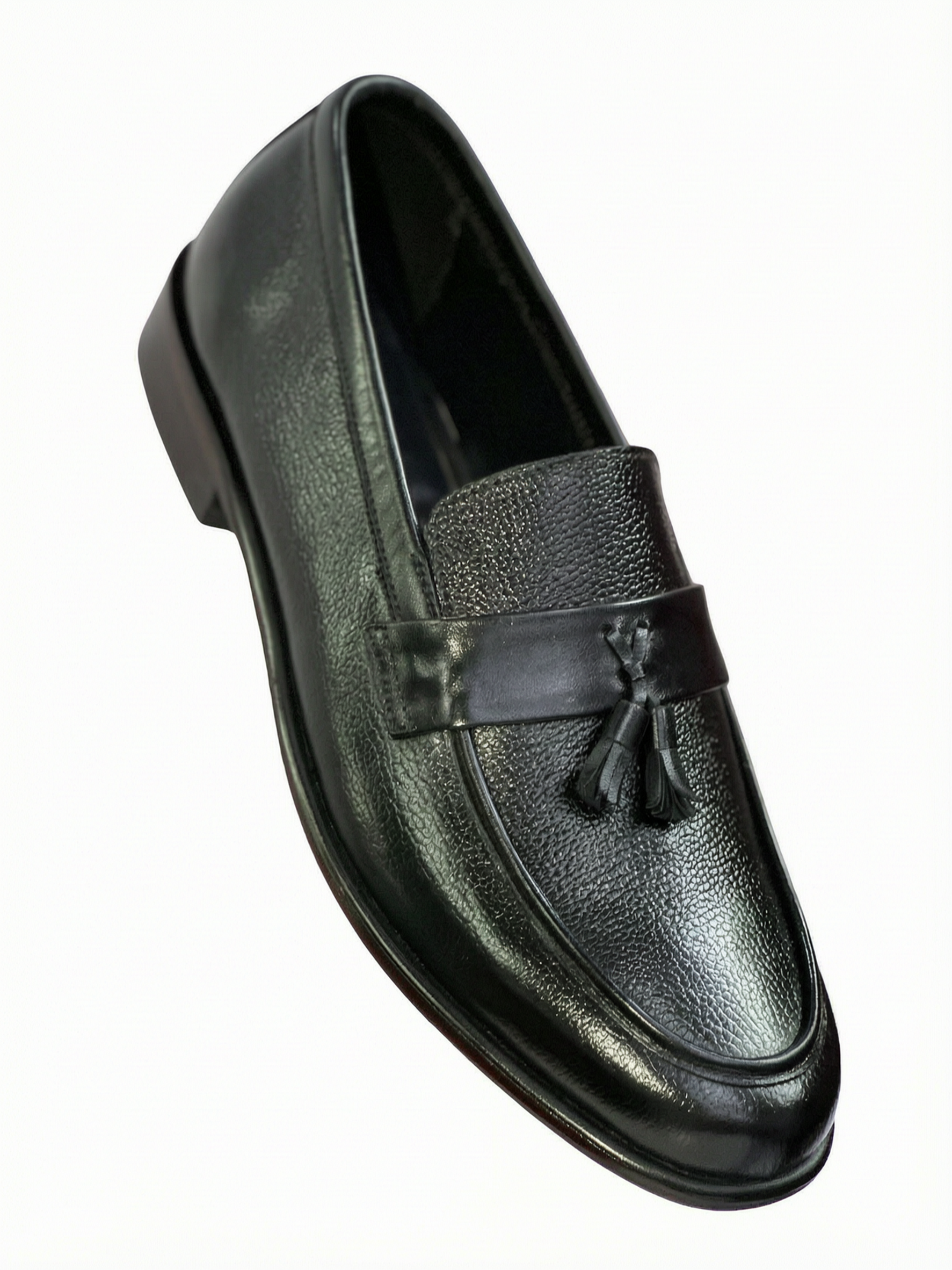 Men's Textured Genuine Leather Tassel Loafers - Classic Black