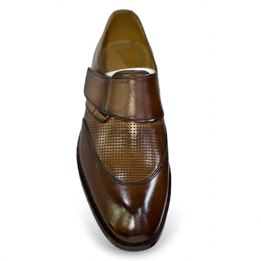 Men's Handcrafted Perforated Leather Monk Strap Loafers - Tan Brown