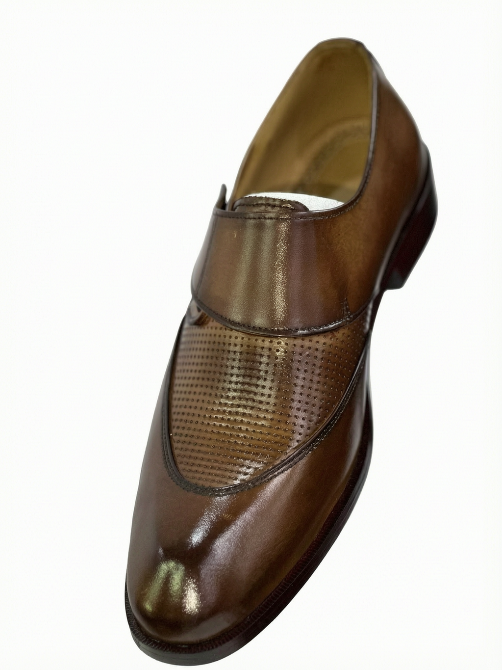 Men's Handcrafted Perforated Leather Monk Strap Loafers - Tan Brown