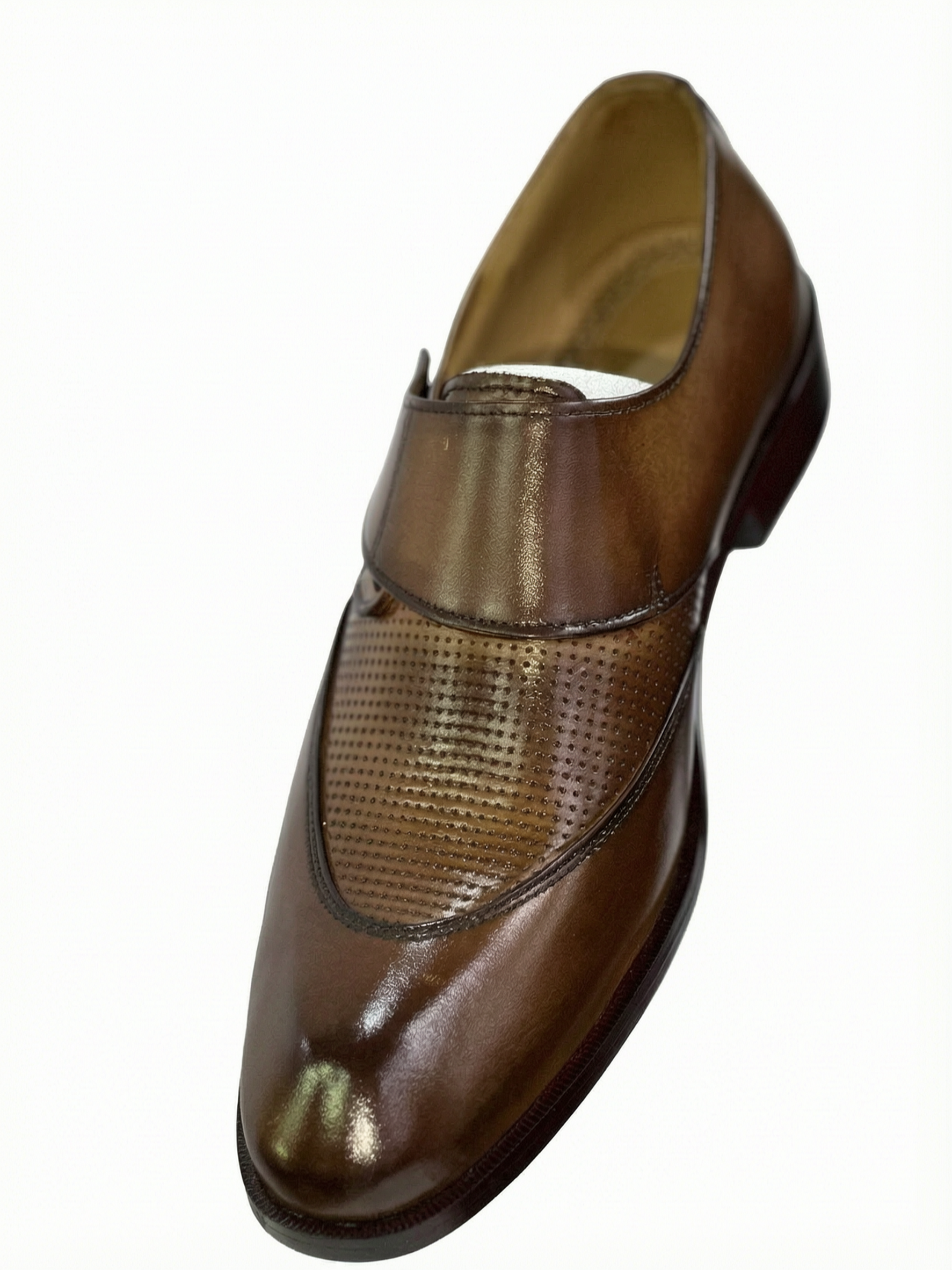 Men's Handcrafted Perforated Leather Monk Strap Loafers - Tan Brown