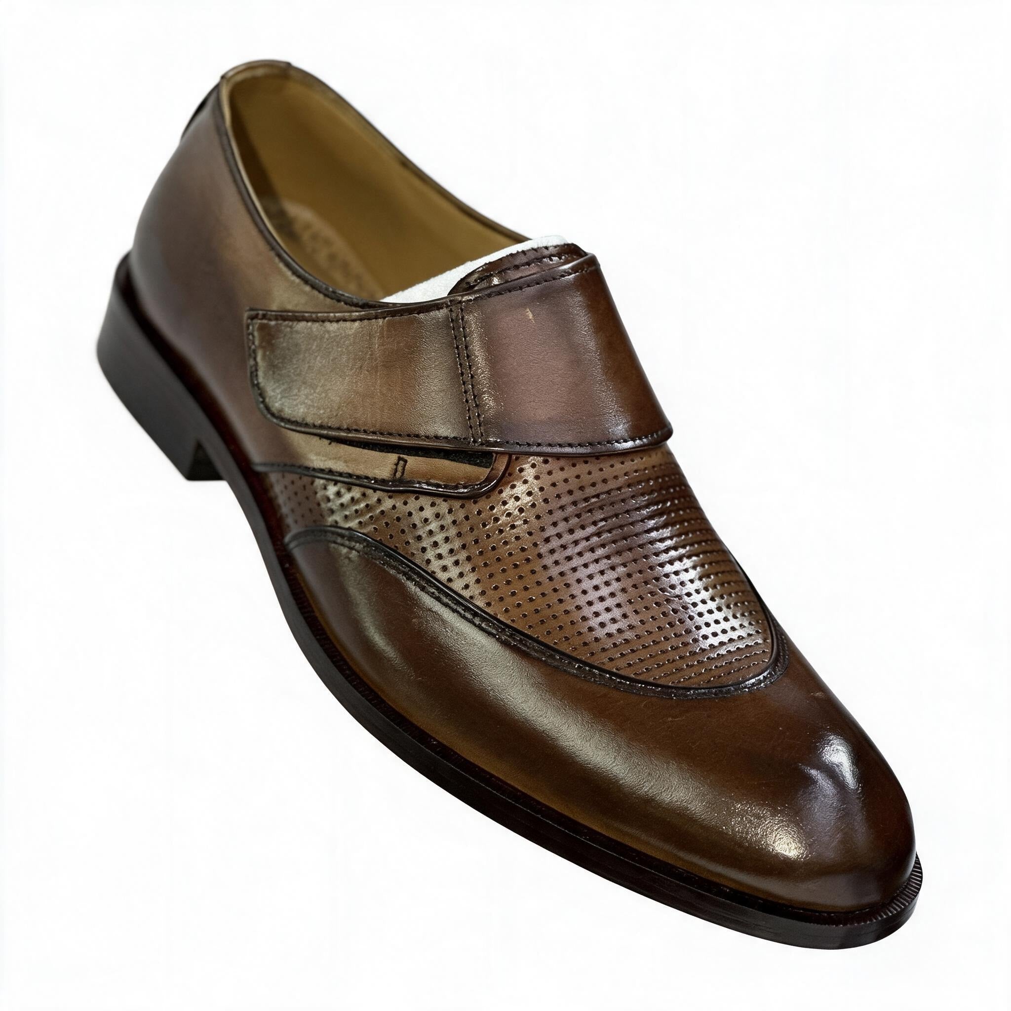 Men's Handcrafted Perforated Leather Monk Strap Loafers - Tan Brown