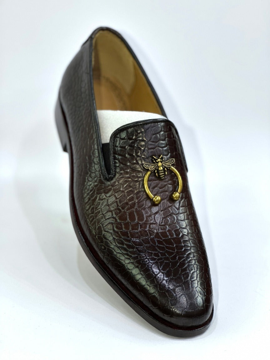 Men's Croc-Embossed Leather Bee Ring Loafers - Deep Dark Brown