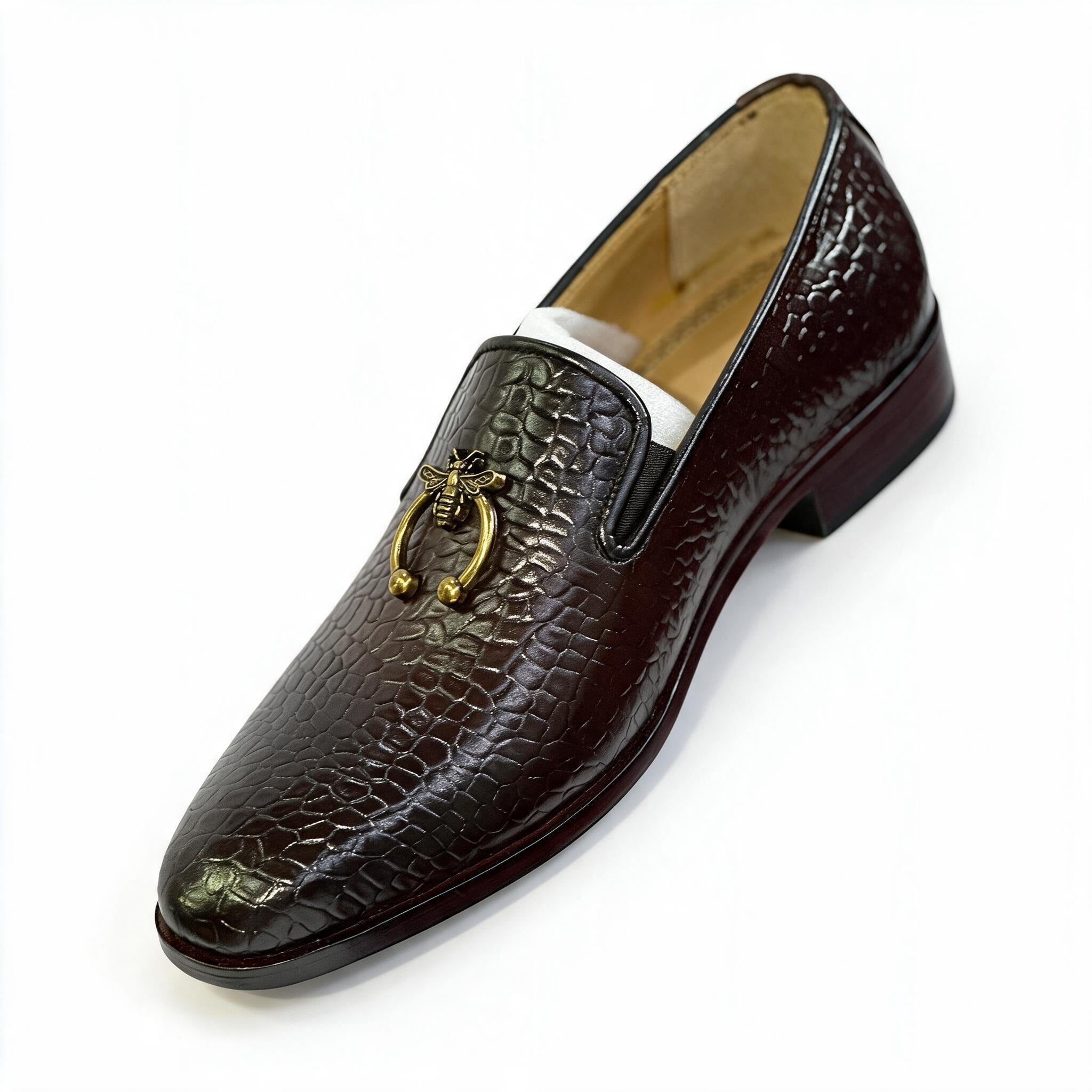 Men's Croc-Embossed Leather Bee Ring Loafers - Deep Dark Brown