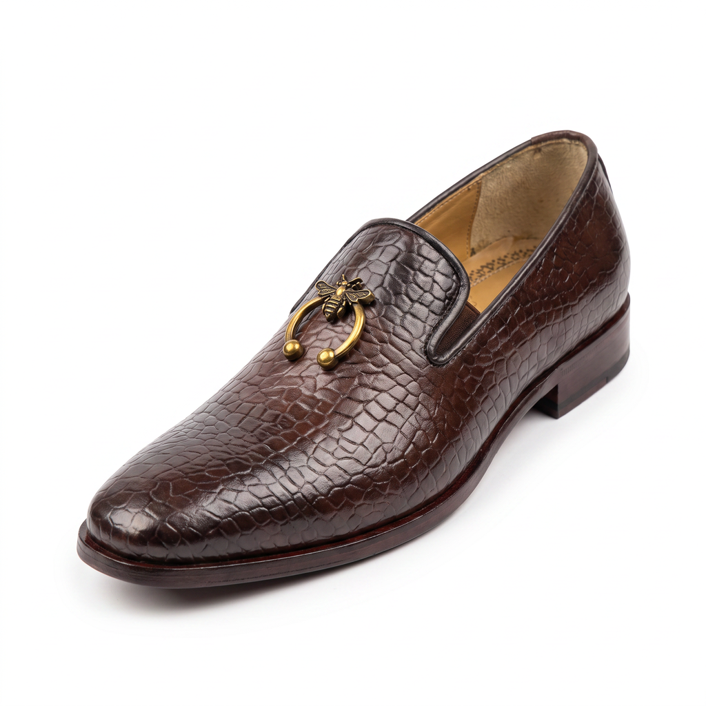 Men's Croc-Embossed Leather Bee Ring Loafers - Deep Dark Brown