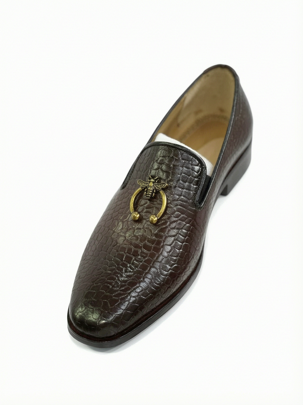 Men's Croc-Embossed Leather Bee Ring Loafers - Deep Dark Brown