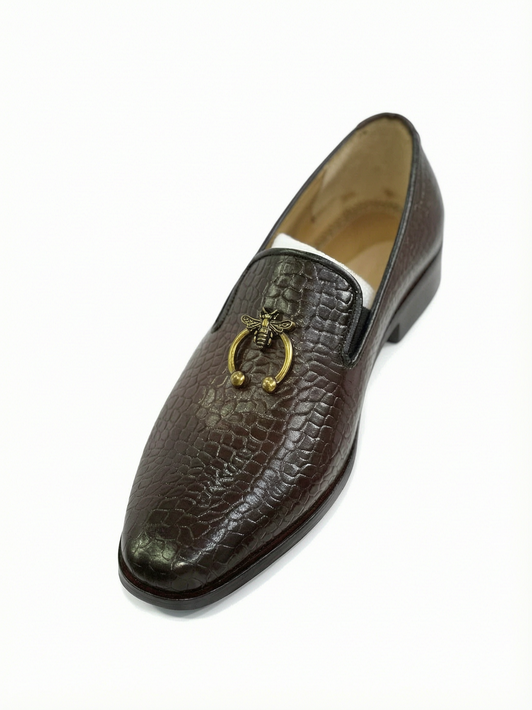 Men's Croc-Embossed Leather Bee Ring Loafers - Deep Dark Brown