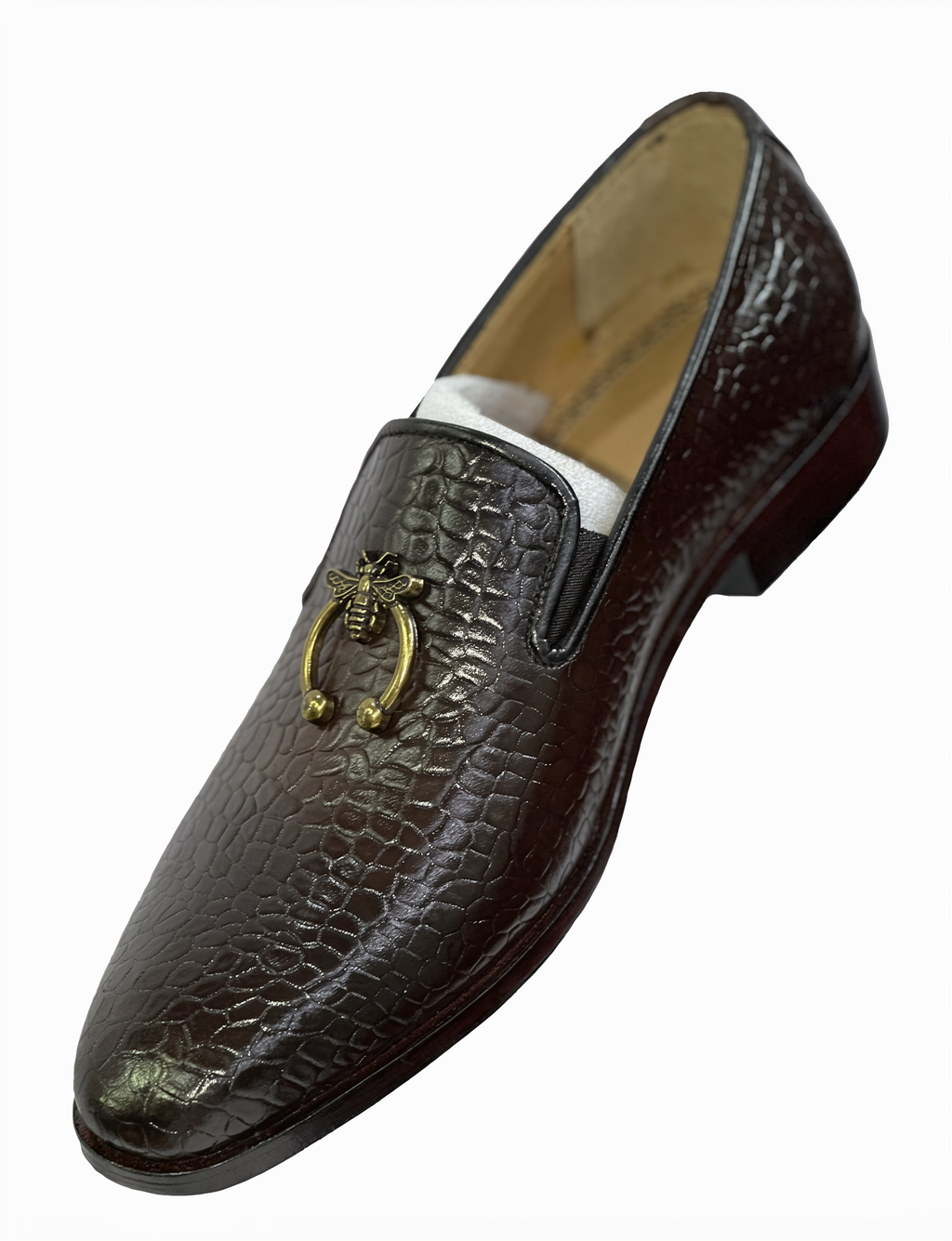 Men's Croc-Embossed Leather Bee Ring Loafers - Deep Dark Brown