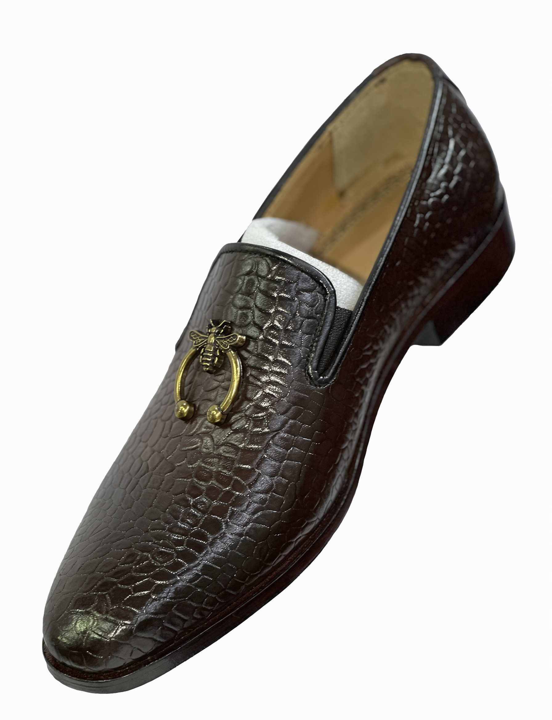 Men's Croc-Embossed Leather Bee Ring Loafers - Deep Dark Brown