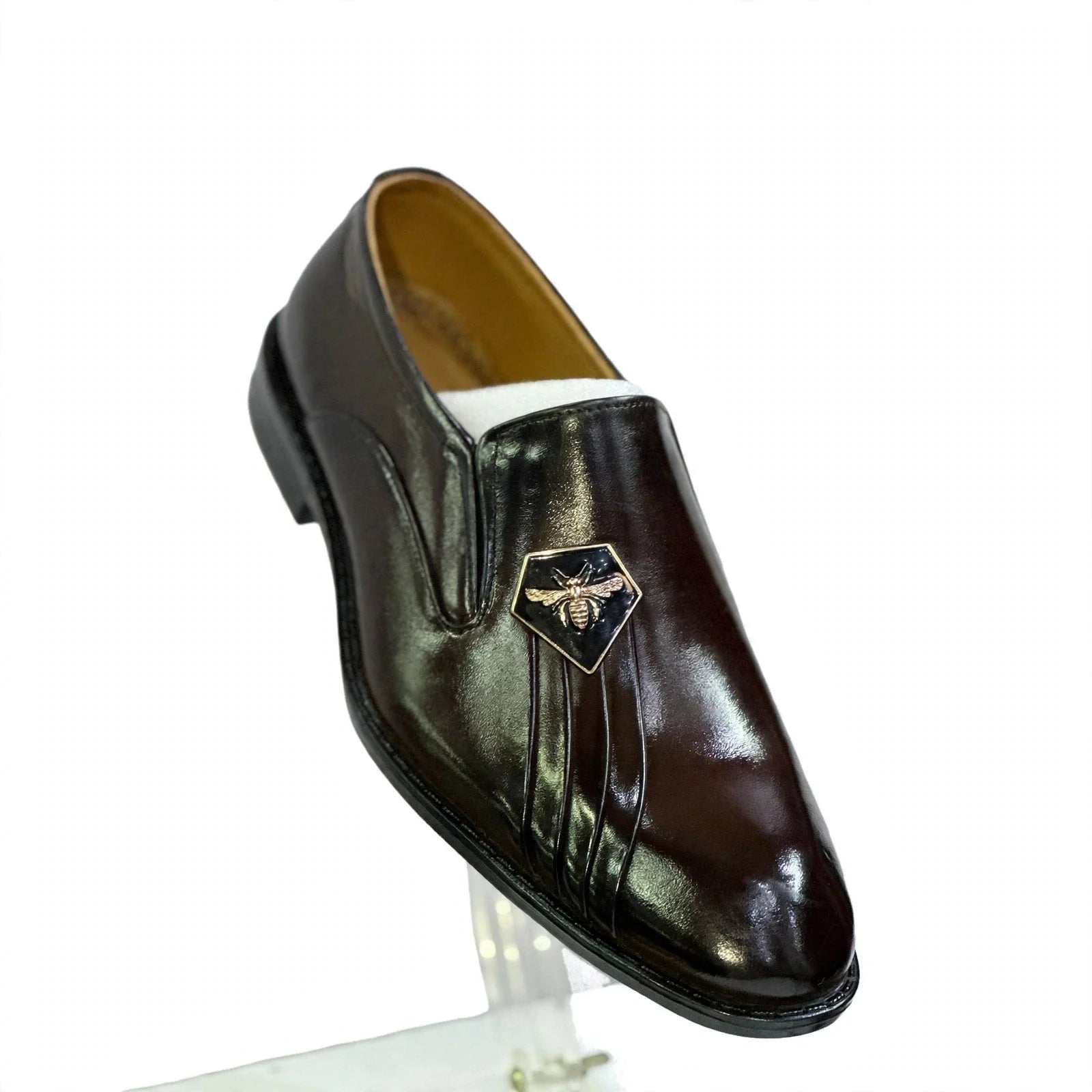 Men's Patent Leather Bee Emblem Pleated Loafers - Deep Dark Brown / Mahogany