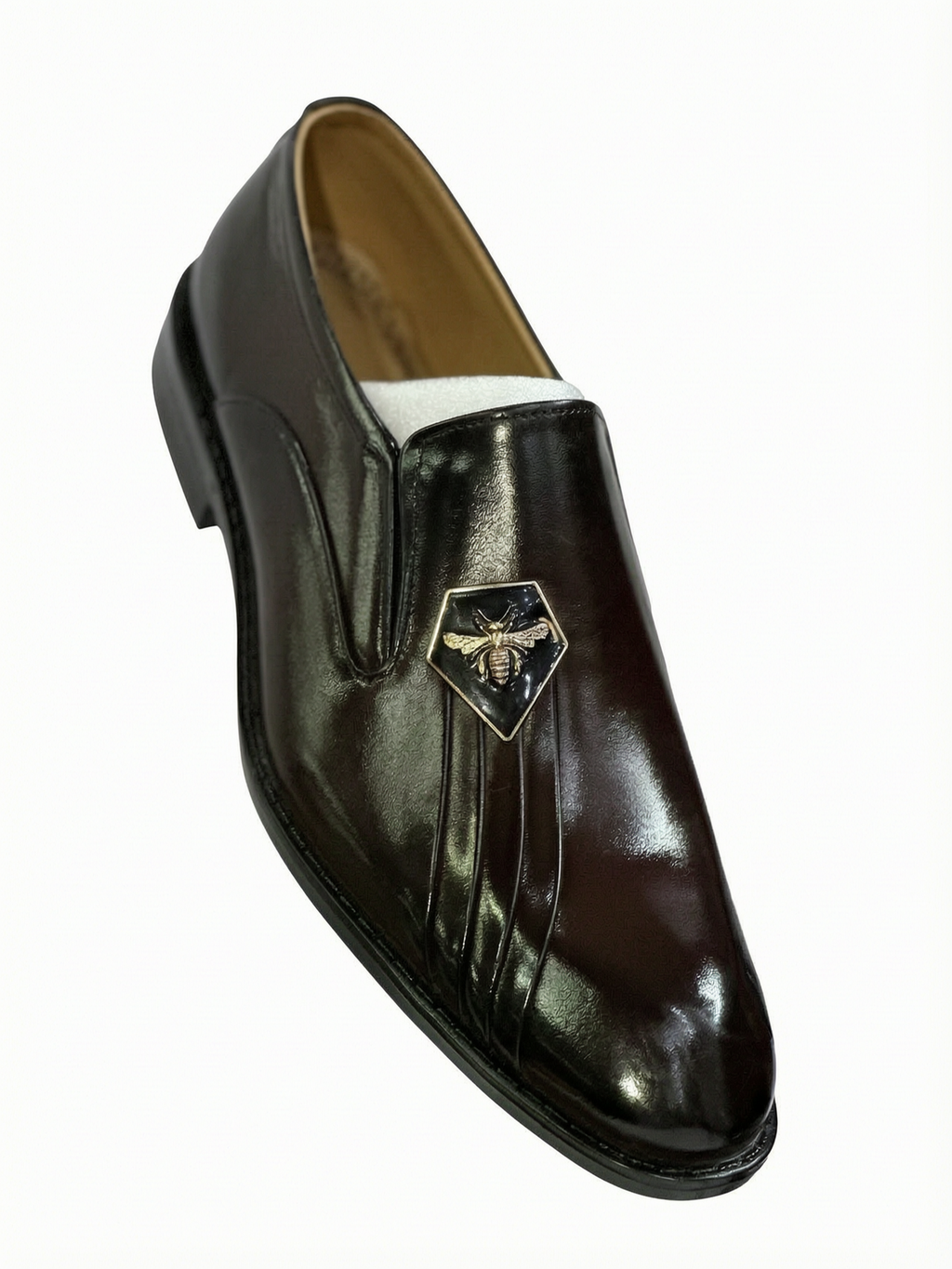 Men's Patent Leather Bee Emblem Pleated Loafers - Deep Dark Brown / Mahogany