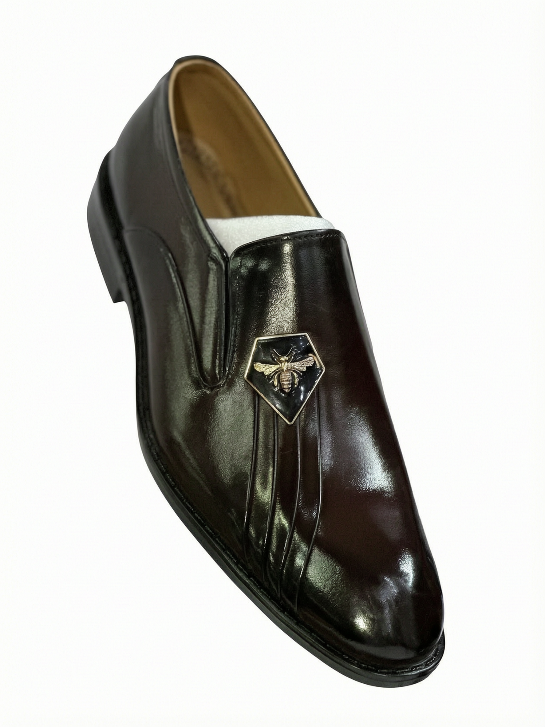 Men's Patent Leather Bee Emblem Pleated Loafers - Deep Dark Brown / Mahogany