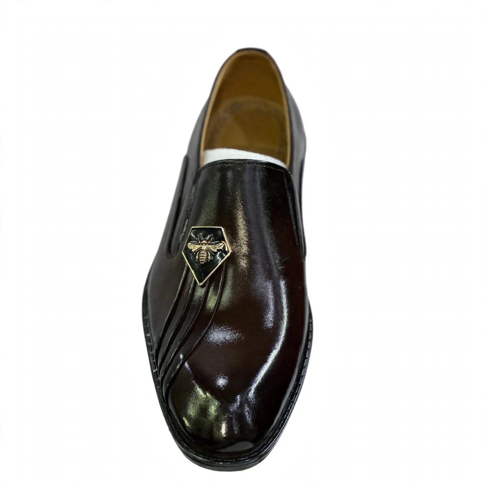 Men's Patent Leather Bee Emblem Pleated Loafers - Deep Dark Brown / Mahogany