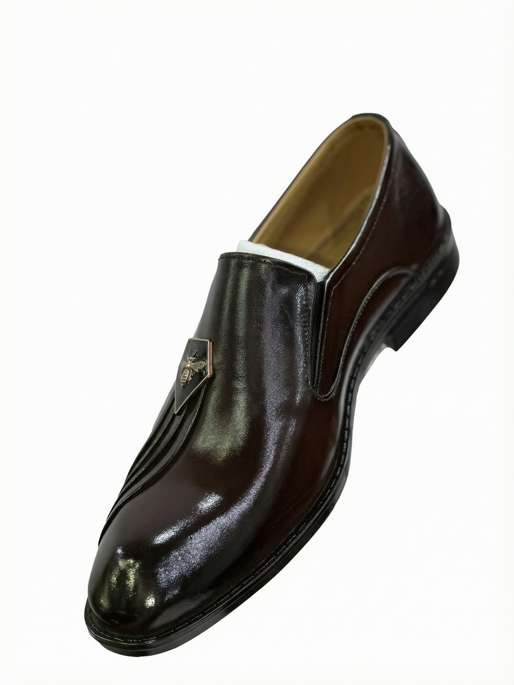 Men's Patent Leather Bee Emblem Pleated Loafers - Deep Dark Brown / Mahogany