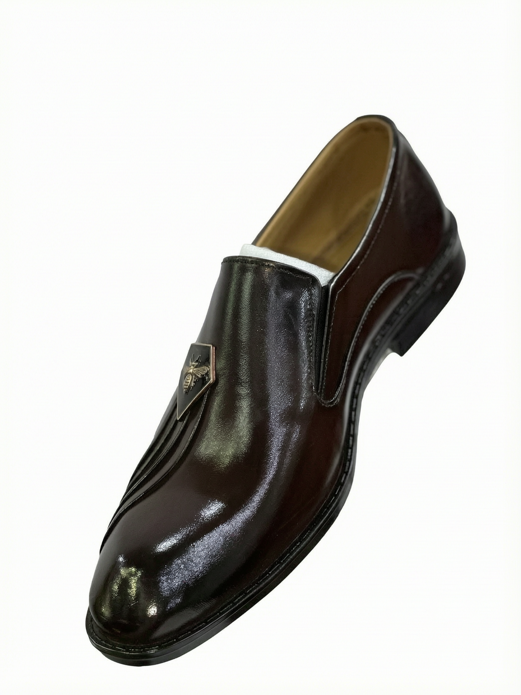 Men's Patent Leather Bee Emblem Pleated Loafers - Deep Dark Brown / Mahogany