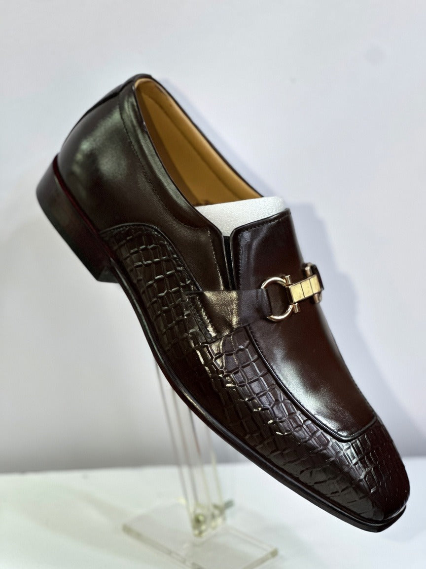 Men's Dual-Texture Leather Bit Buckle Loafers - Deep Mahogany Brown